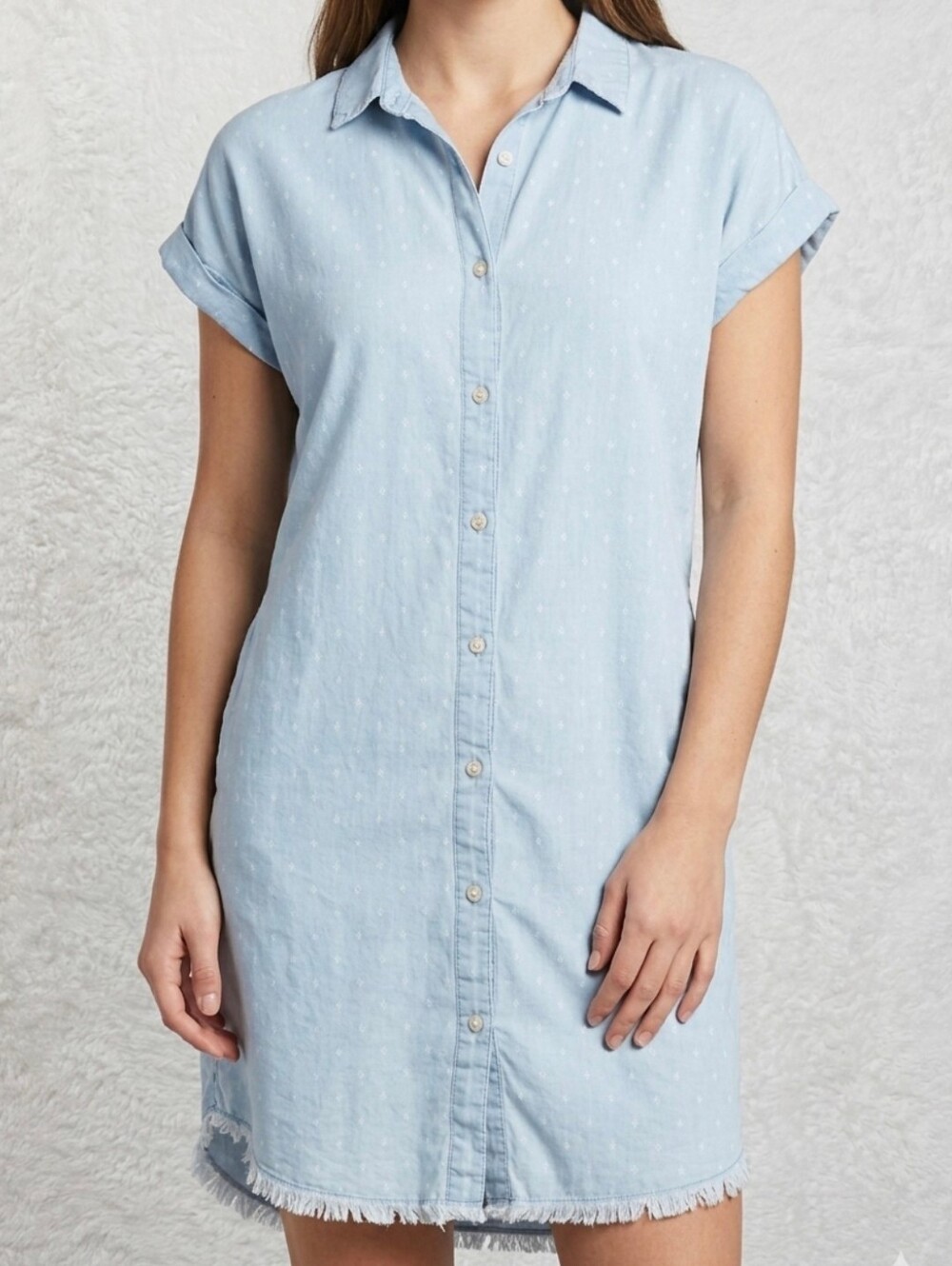 Thread + Supply Dress Size L Large Button Up Polo Top Collar Fringe Soft Denim